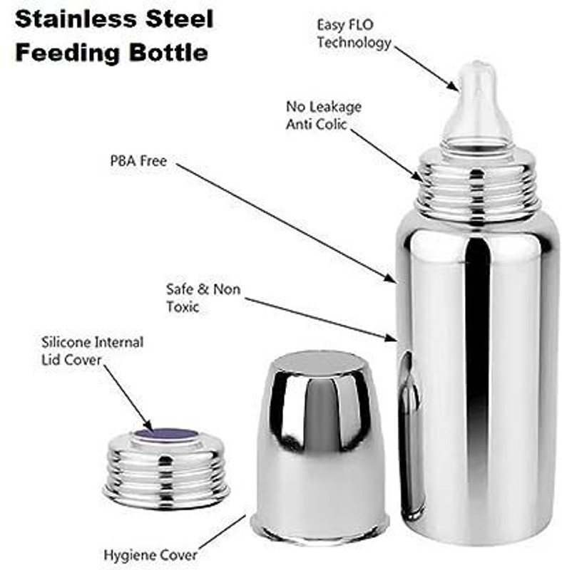 Onisha STEEL BOTTLE WITH ANTI-COLIC TEAT |BABY FEEDING BOTTLE WITH EAZY-FLO NIPPLE - Silicone(Multicolor)