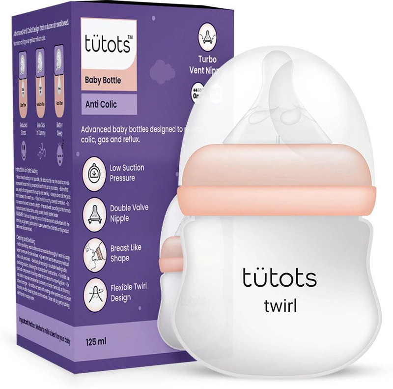 tutots Twirl Anti-Colic Wide Neck BPA Free Baby Feeding Bottle with Turbo Vent Nipple - 125 ml(Pink, Clear)