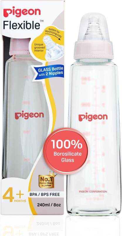 Pigeon GLASS FEEDING BOTTLE 200ML (PINK) WITH ADD NIPPLE M - 200 ml(Clear)