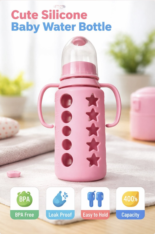 APNA DAILY ZONE BABY GLASS FEEDING BOTTLE Newborn Babies Anti Colic with Handle & Cover 240ml - 240 ml(Pink)