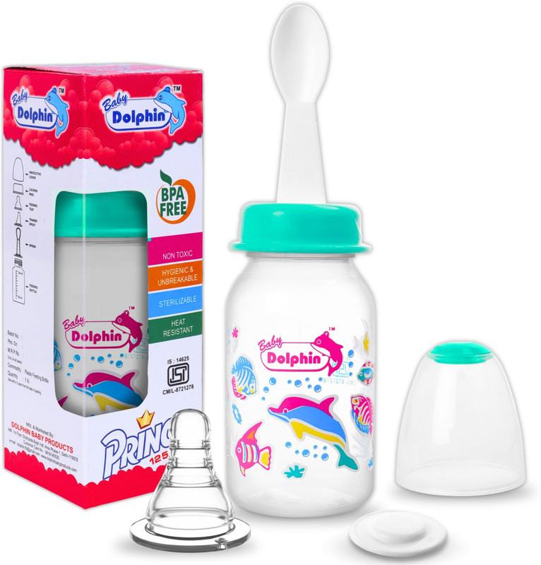 Baby Dolphin Prince 2 in 1 Baby Feeding Bottle with Spoon |Anti-Colic| BPA Free, 3m+, Fish - 125 ml(Green)