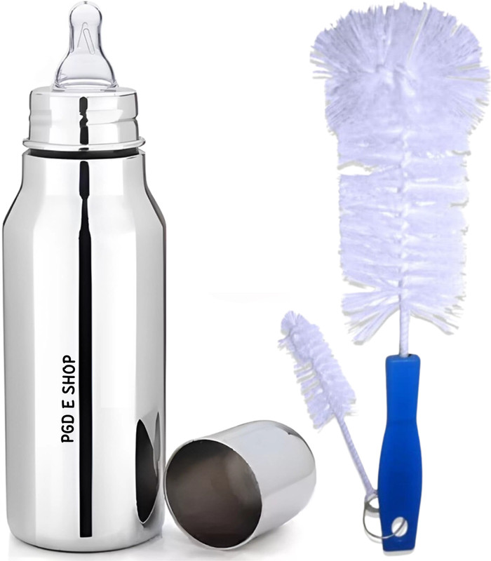 PGD Premium Baby Feeding Bottle Deluxe Design, Mirror Finish Silver, 2 Brushes - 350 ml(Silver)