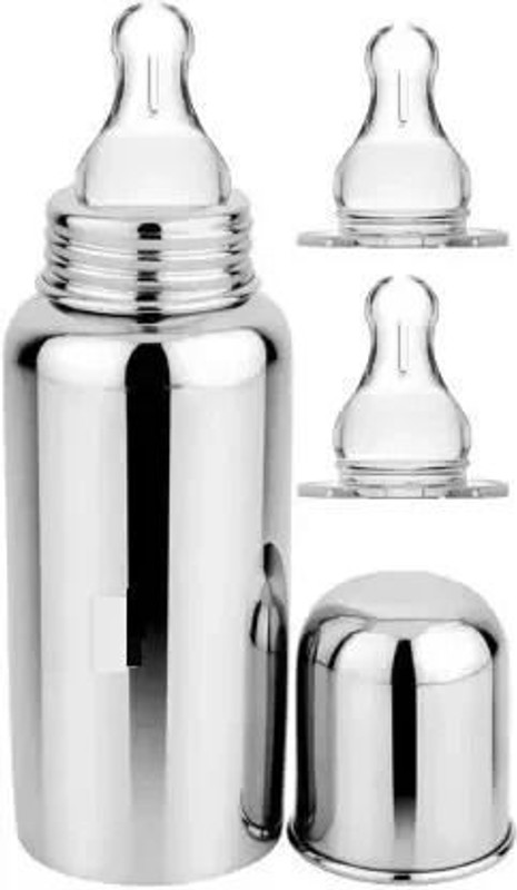 SOLIDA Baby Stainless Steel Milk Feeding Bottle with Silicon Nipple 240 ML - 240 ml(Silver)