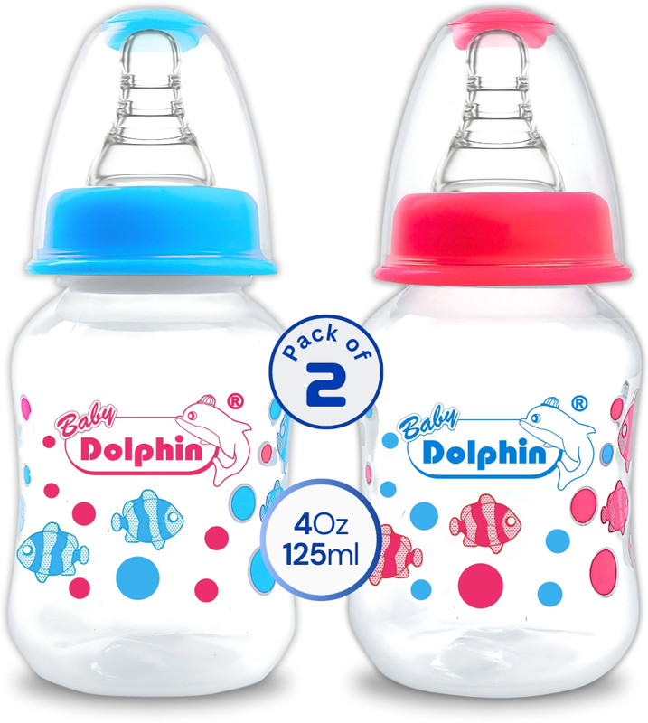 Baby Dolphin Anti-Colic Slim Neck Baby Feeding Bottle | Pack of 2 | BPA Free | 3m+, Fish - 125 ml(Sky Blue, Red)