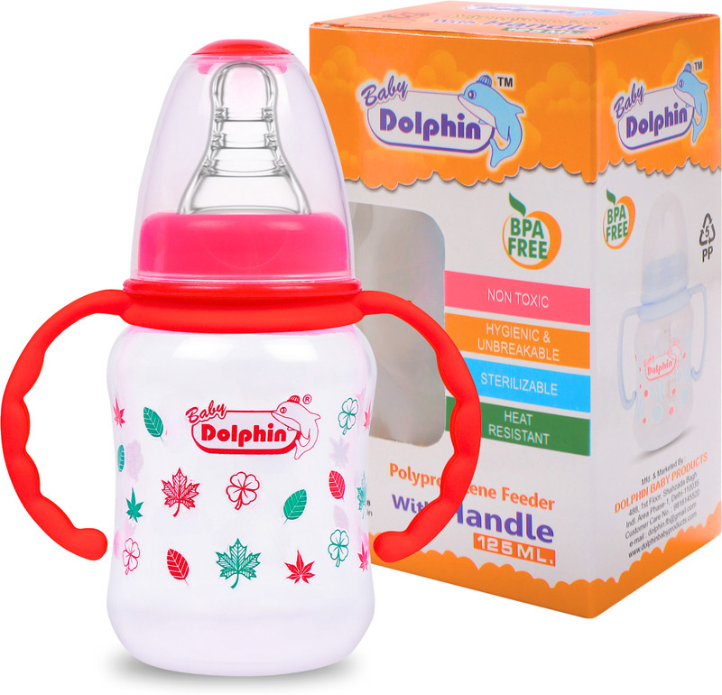 Baby Dolphin Anti-Colic Slim Neck Baby Feeding Bottle with Handle, BPA Free, Milk Bottle, 3m+ - 125 ml(Leaf - Red)