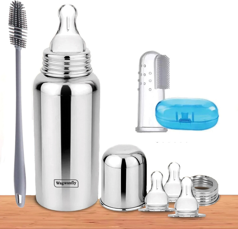 Wagwanfly Stainless Steel Infant Baby Feeding Bottle, Baby milk Bottle Cleaning Brush Mee(Silver)