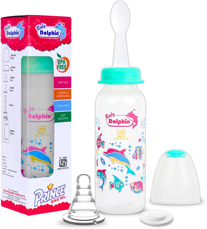 Baby Dolphin Prince 2 in 1 Baby Feeding Bottle with Spoon |Anti-Colic| BPA Free, 3m+, Fish - 250 ml(Green)