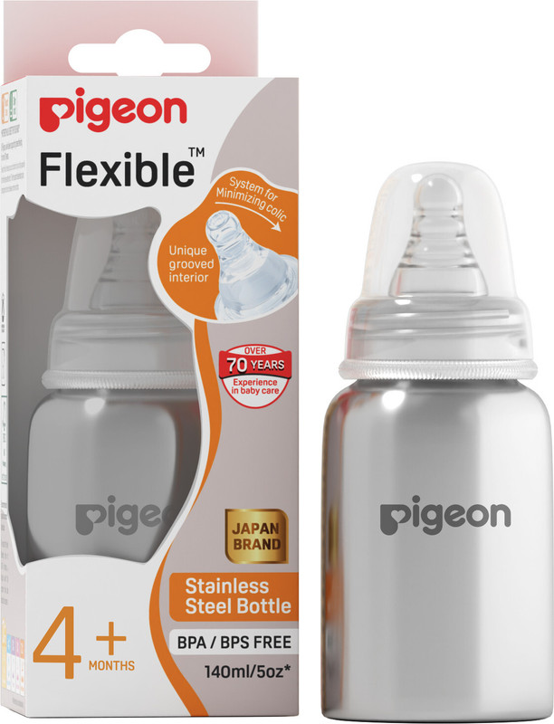 Pigeon Slim Neck Steel baby feeding bottle M size with plastic hood & cap (natural) - 140 ml(Opeque)