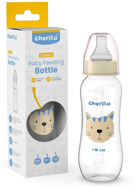 Cherilo Anti-Colic Slim, Classic Baby Feeding Bottle, Upto 3 Years, Lovely Cat Style - 250 ml(Yellow)
