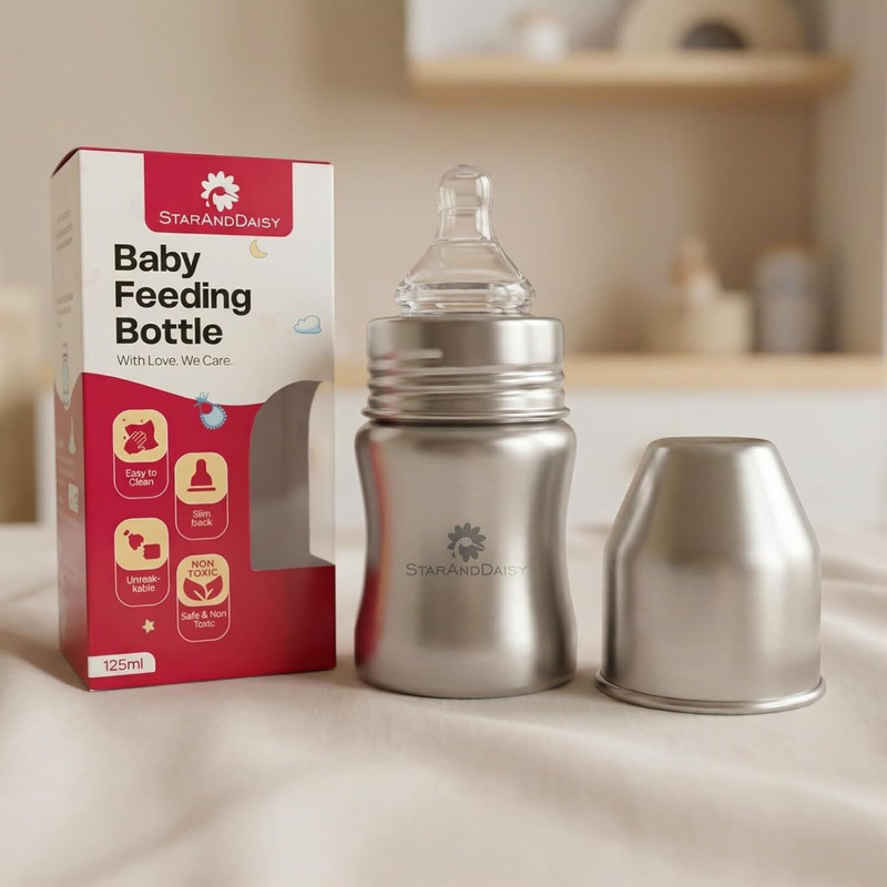 StarAndDaisy Baby Feeding Bottle Stainless Steel 125ml BPA Free, Leakproof, Safe for Newborns - 125 ml(Silver)