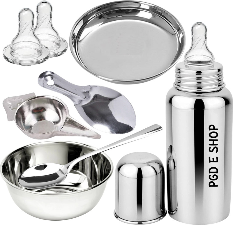 PGD New Born Baby Full Gift Set of Feeding Bottle, Feeder, Spoon set, Bowl, Plate - 300 ml(Plain Silver)