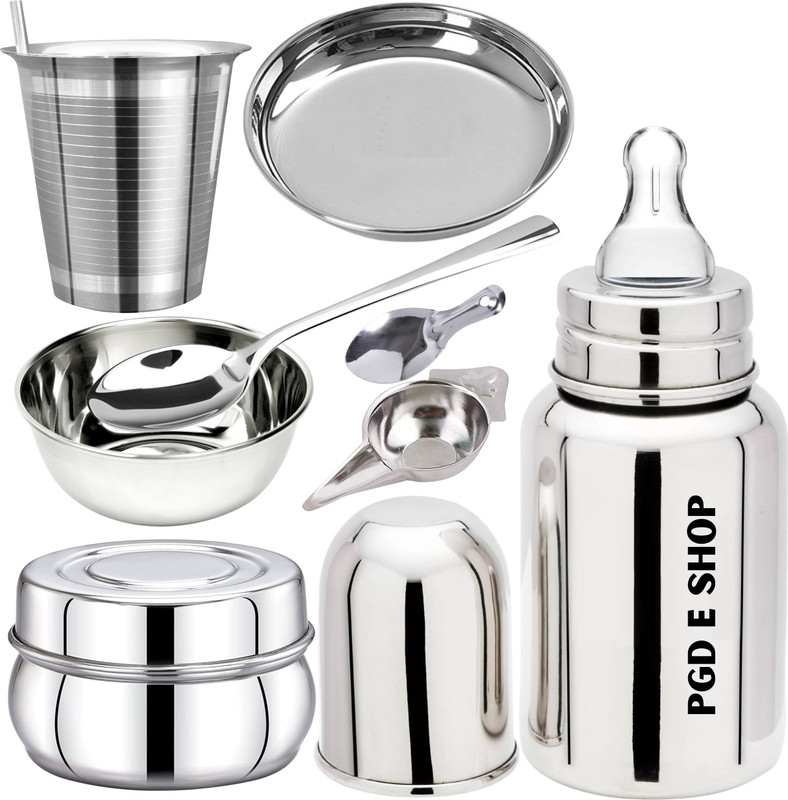 PGD Baby Gift Set Feeding Bottle, Feeder, Bowls, Spoons, Straw Glass, Glass lid - 150 ml(Steel)