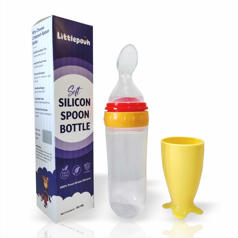 Littlepooh Silicone Spoon Feeder/Bottle Fruit /Nibbler & BPA-Free Feeding Bottle - 90 ml(Clear, Yellow)