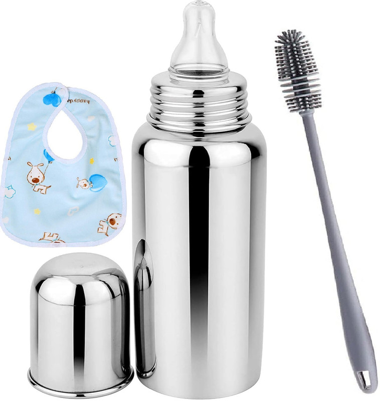 Vadhavan Bottle Cleaning Brush & Stainless Steel Baby Feeding Milk Nipple Bottle - 240 ml(Silver, Grey, Blue)