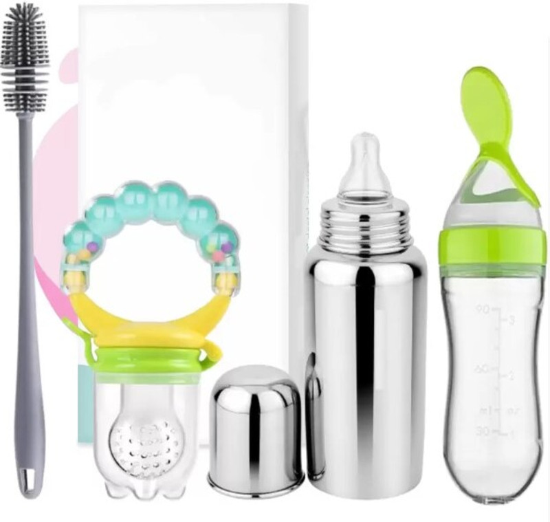 Royal krafts Steel Baby Feeding Bottle, 1 Cleaning Brush, 1 Feeding Spoon and 1 fruit Nibbler - 240 ml(Silver)