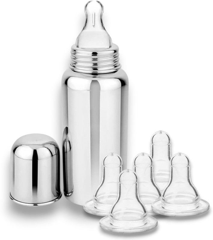 RB Point Steel Bottle Anti-Colic Nipple, Rust-Resistant SS 304 Material(BOTTLE+5niple) - 250 ml(Silver)