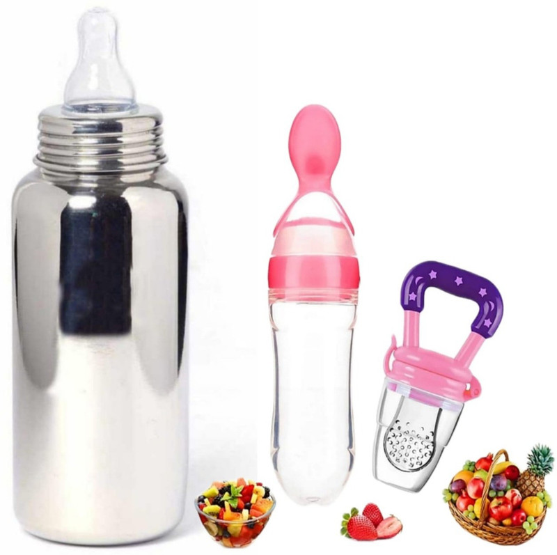Karoli Collection 1 STEEL BOTTLE,AND 1TEETHER AND FEEDER FOR BABY KIDS - 240 ml(Silver)