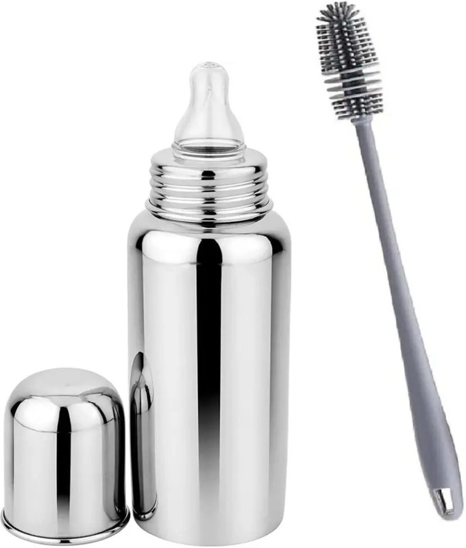 Charmpeak Stainless Steel Baby Feeding Bottle 250 ml with Cleaning Brush, Silver - 250 ml(Silver)