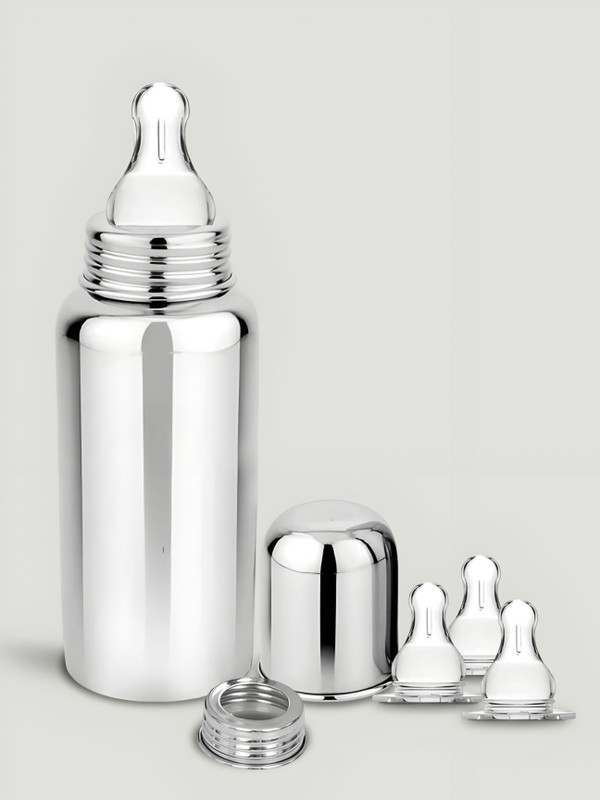 Nona Baby Stainless Steel Baby Feeding Bottle 240ml with 3 Extra Nipples - 240 ml(Silver)