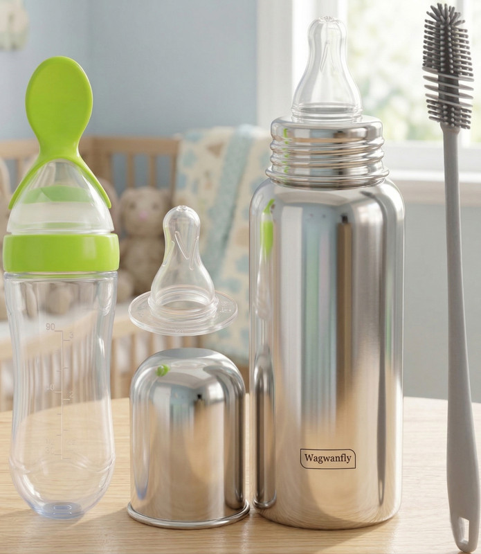Wagwanfly Stainless Steel Infant Baby Feeding Bottle, Green silicon Fruit Feeder - 240 ml(Silver-Green)