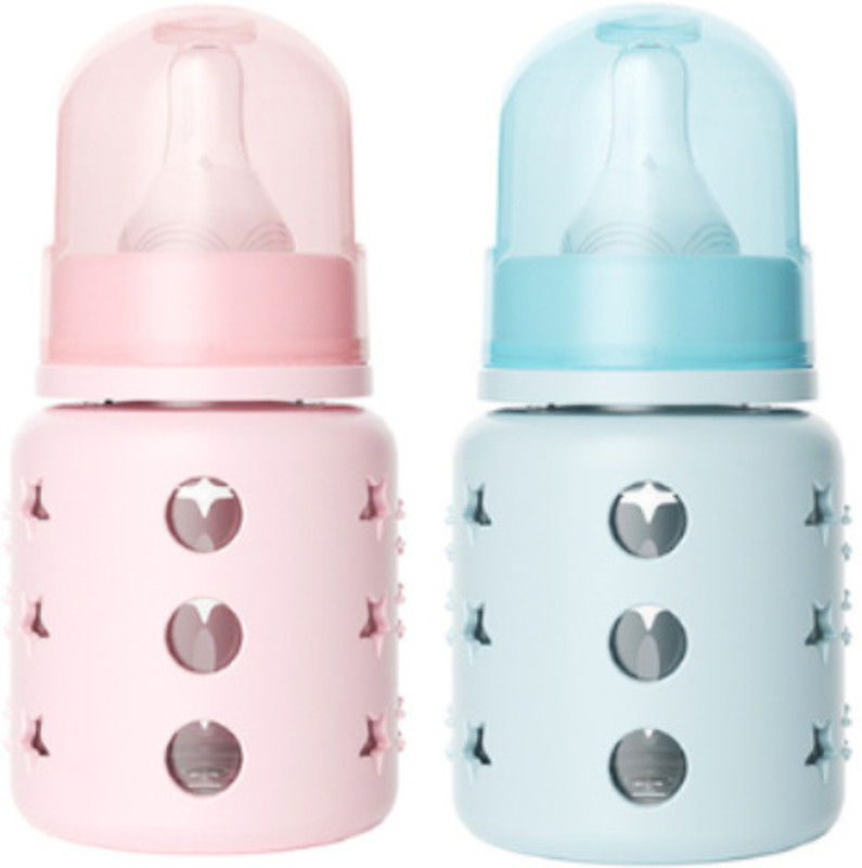 KIDS MY LITTLE Mini Premium Glass Feeding Bottle With Removable Silicon Cover. - 60 ml(Pink&green)