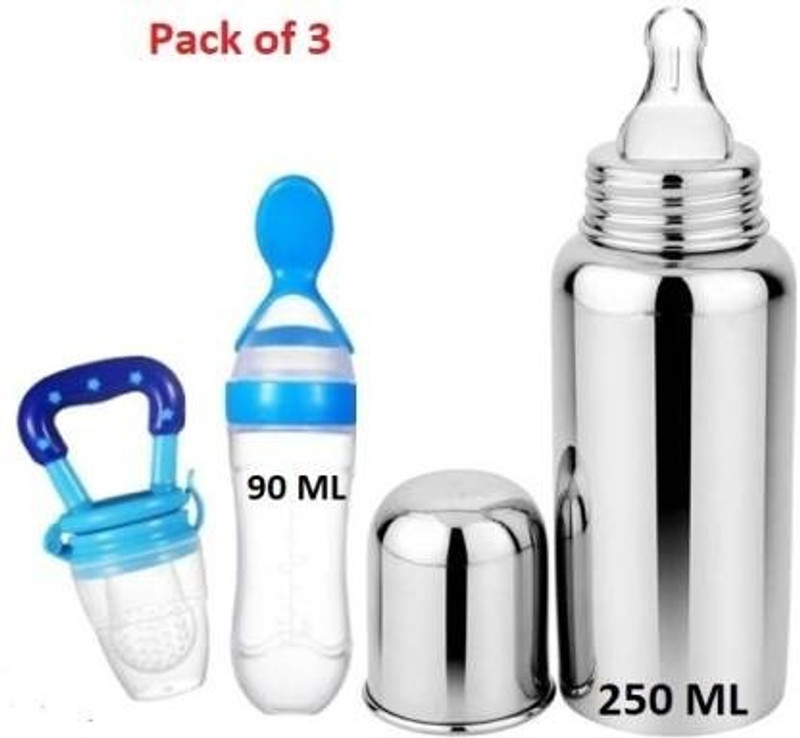 Kidsy Zilla Stainless Steel milk Bottle240ML Silicone Food Feeding 90ml Fruit Feeder nibbler - 240 ml(Blue)