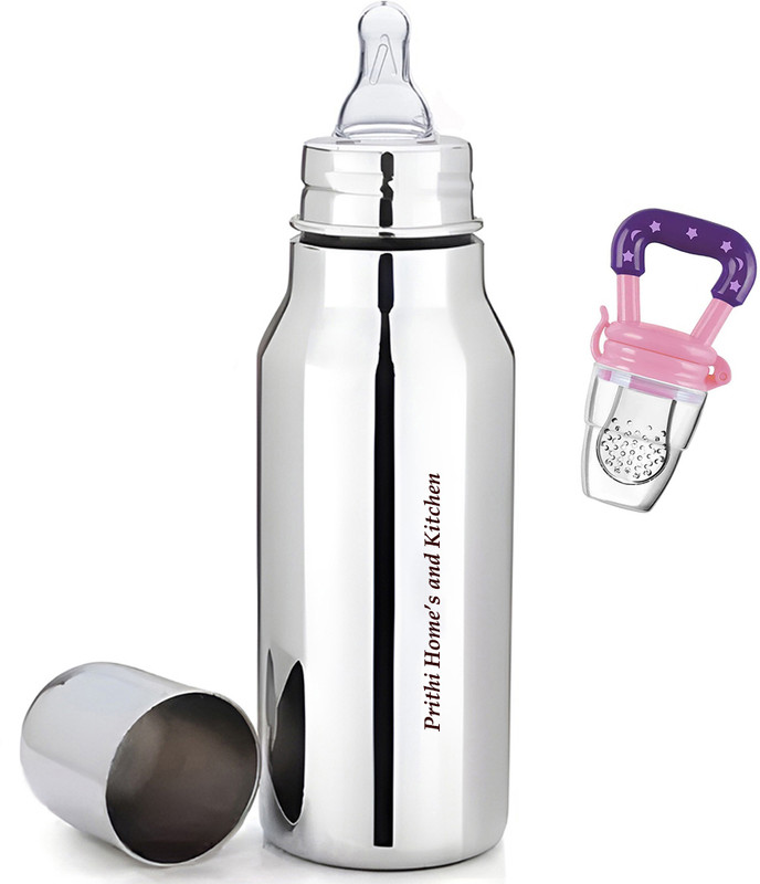 Prithi Home's and Kitchen 350 ml Deluxe feeding bottle for feeding water and milk with 1 pc Fruit Nibbler - 350 ml(Silver)