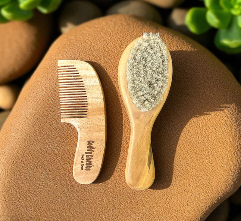 Comfy Cheeks Natural Wooden Baby Hair Brush and Comb Set(Light Brown)