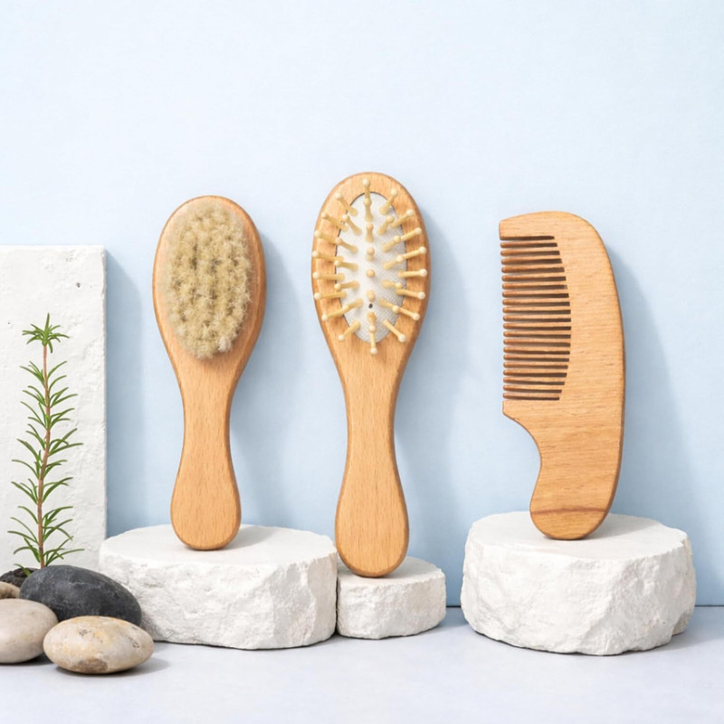 The Little Lookers Wooden Combo Set|Natural Soft Bristle|Baby Grooming Kit|Eco-Friendly HairCareKit(Brown)