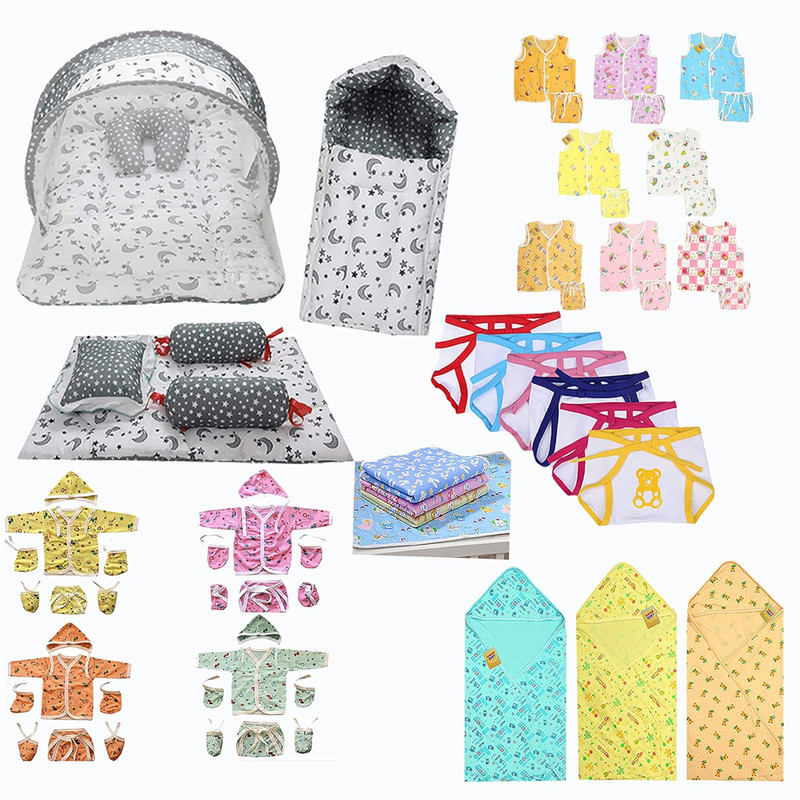 Fareto 56 in 1 New Born Baby Complete Daily Items Combo(0-6 Months)(Multicolor)