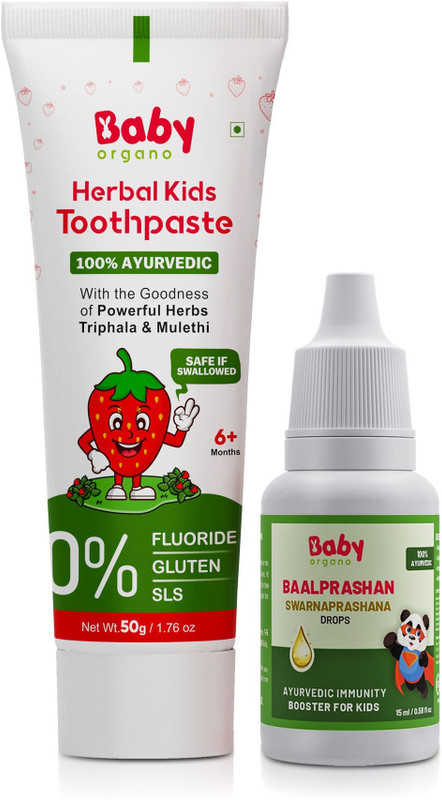 BabyOrgano Swarnaprashan 100% Ayurvedic Immunity Drop &Strawberry Toothpaste for Kids Combo(Brown)