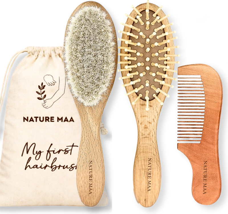 Nature Maa 3-Piece Baby Hair Brush & Comb Set | Soft Bristles Grooming Kit for Newborn(Brown)