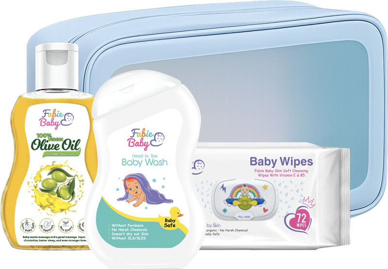 Fabie Baby Pre Bath Kit | Olive Oil 200ml + Baby Wash 200ml + Wipes 72(White)