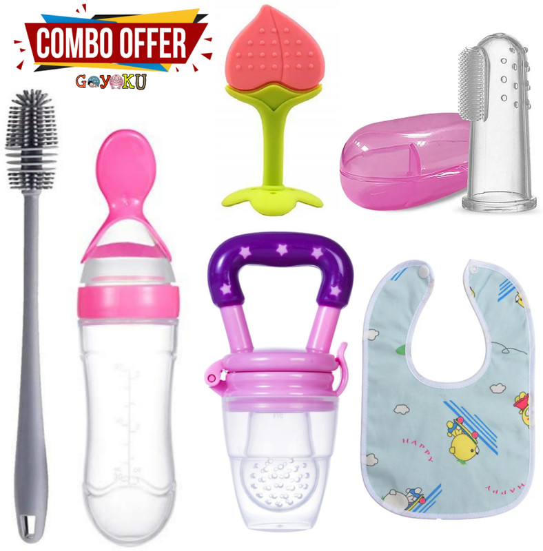Goyoku baby Combo Nibbler,Spoon bottle,bib,teether, bottle brush(Multicolor)