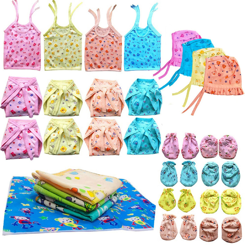 Bigbought New Born Baby Care Cloth Set Combo (Set Of 28, 4Jhabla, 8Nappy, 8Mittens,4Cap Hosiery Material And 4 plastic mat, Random Print (Multicolor)(Multicolor)