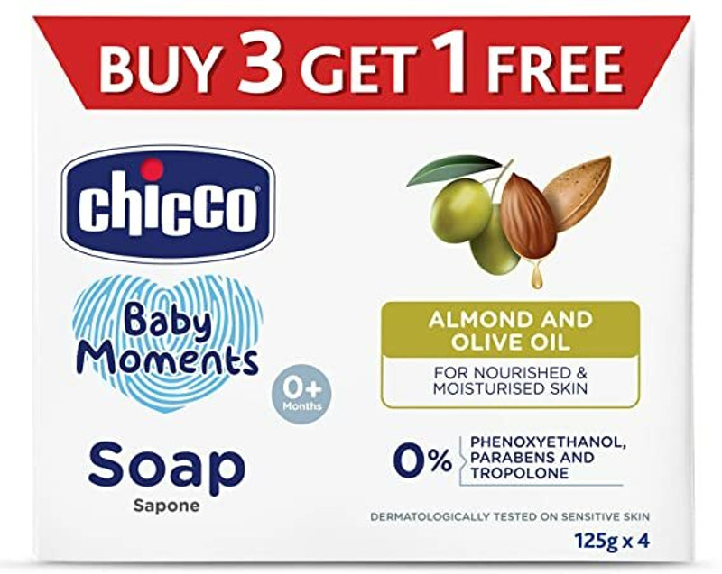 Chicco Baby Moments Soap with Natural Ingredients, Suitable for Baby’s Skin(125g 3 + 1)(3 x 166.67 g)