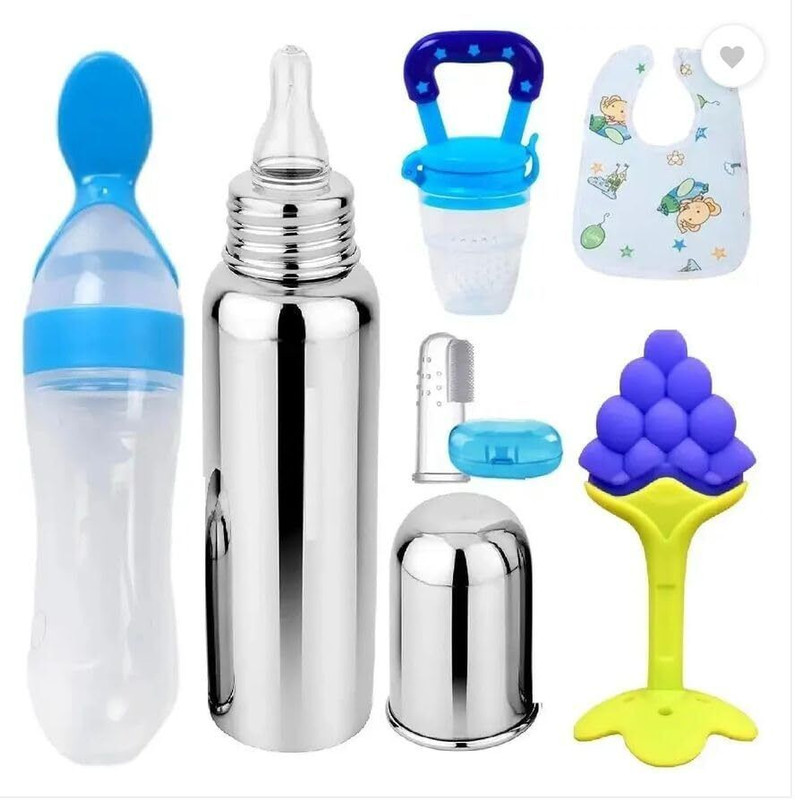 Nonababy Feeding Combo Set| 6 in 1 Baby Feeder Bottle Food Feeder Silicone Spoon Teether,(Multicolor)