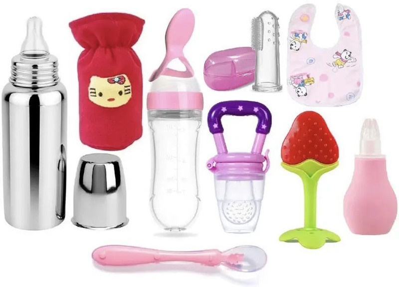 Y.GOYAL&CO. NEW BORN BABY COMBO SET OF 9 ITEMS Teether and Feeder(Pink)