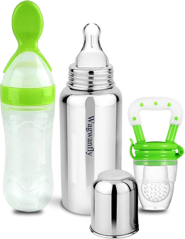 Wagwanfly Baby Feeding Bottle, Silicone Food and Fruit Feeder BPA Free, Anti-Colic(Silver-Green-Green)