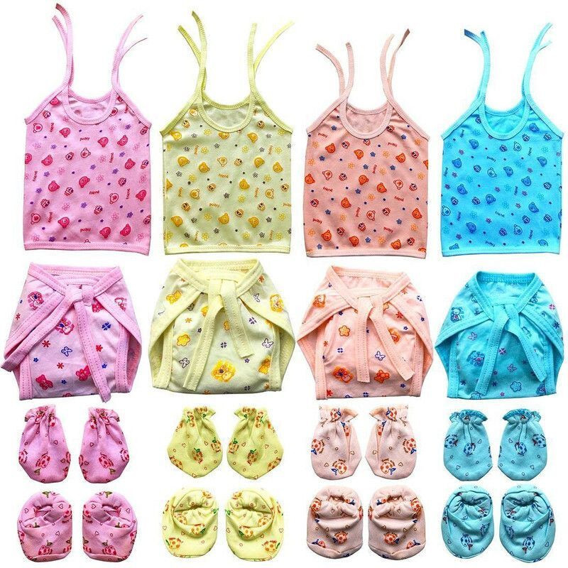 Romzen Newborn Baby Cotton Clothing Set – Vest, Nappy, Mittens & Booties(Set of 16, 4 Jabali, 4 Pair of Hand & 4 Pair of Leg Mittens, 4 Nappy, Multicolor)