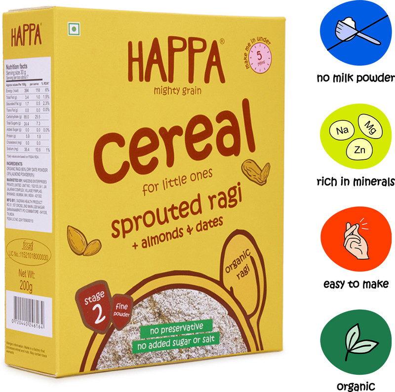 Happa Mighty Grain Sprouted Ragi Almonds&Dates Porridge Mix, baby food Cereal(200 g, 6+ Months)