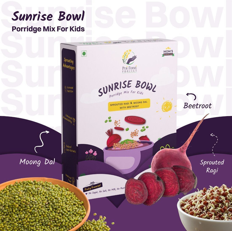 PurFerme Project Sunrise Bowl Sprouted Ragi & Beetroot Porridge Mix | No Preservatives Cereal(200 g, 6+ Months)