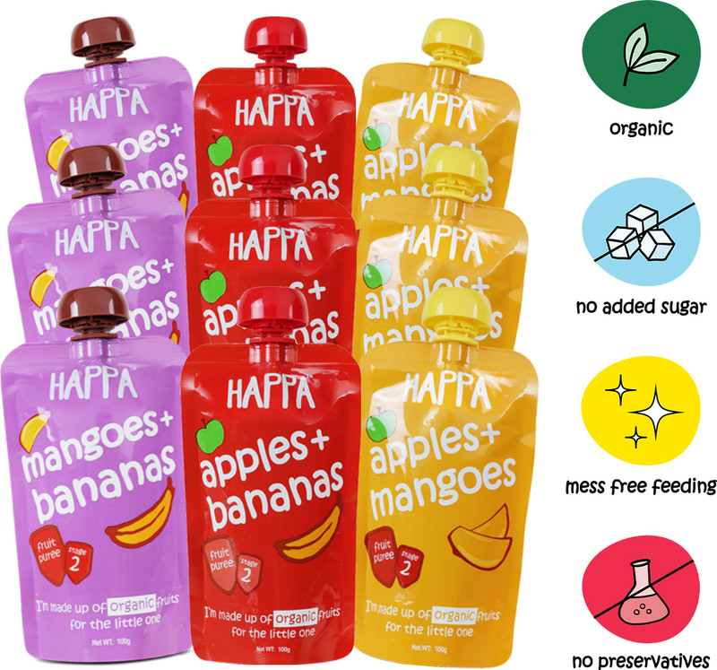 Happa Organic Mixed Fruit Variety Puree, baby food, , kids&baby Cereal(900 g, Pack of 9, 6+ Months)