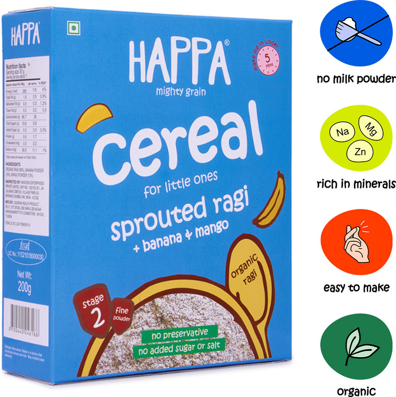 Happa Organic Sprouted Ragi, Mango+Banana porridge mix cereal, baby food Cereal(200 g, 6+ Months)