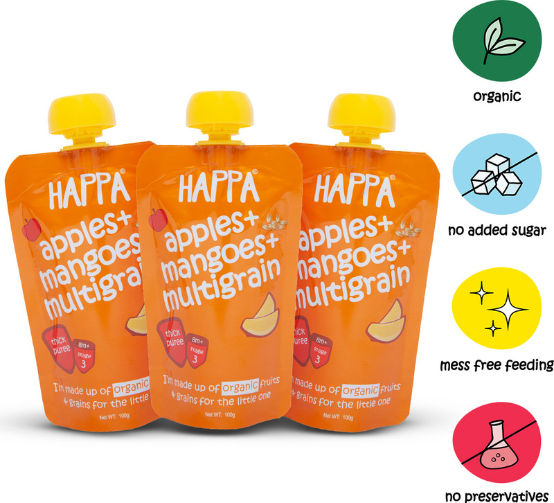 Happa Organic Apples Mangoes And Multigrain Fruit And Grain Puree Cereal(300 g, Pack of 3, Upto 24 Months)