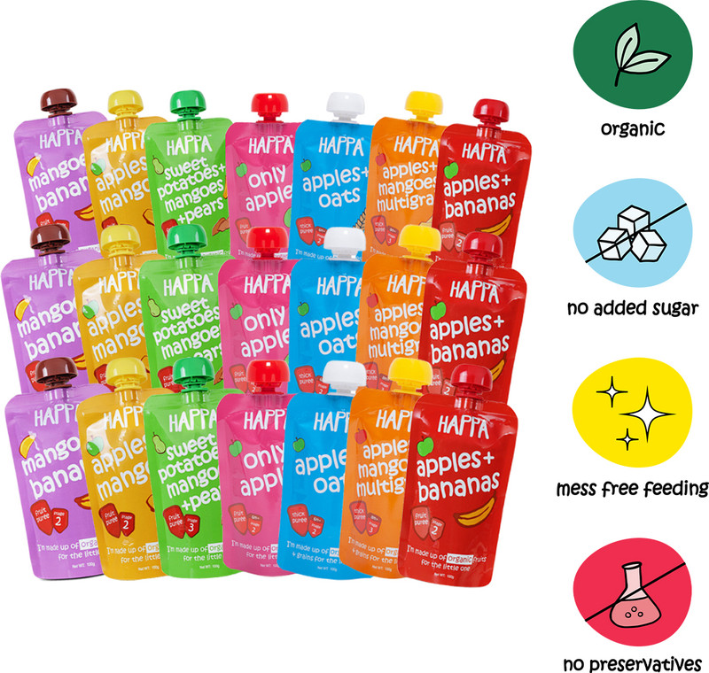Happa Organic super monthly saver pack of puree, baby food, kids&baby Cereal(2100 g, Pack of 21, 6+ Months)