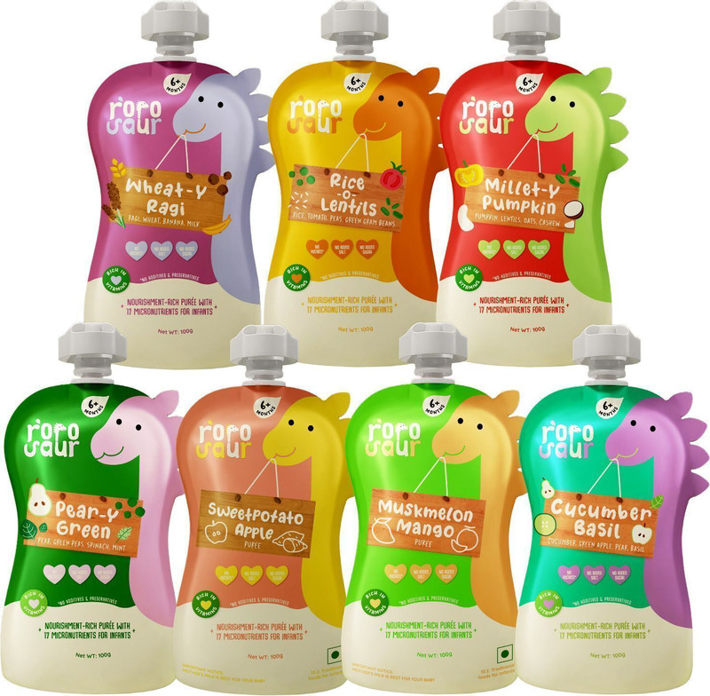 Rorosaur Ready to Eat Puree Baby Food Trial Pack - Combo of 7 Flavors Cereal(700 g, Pack of 7, 6+ Months)