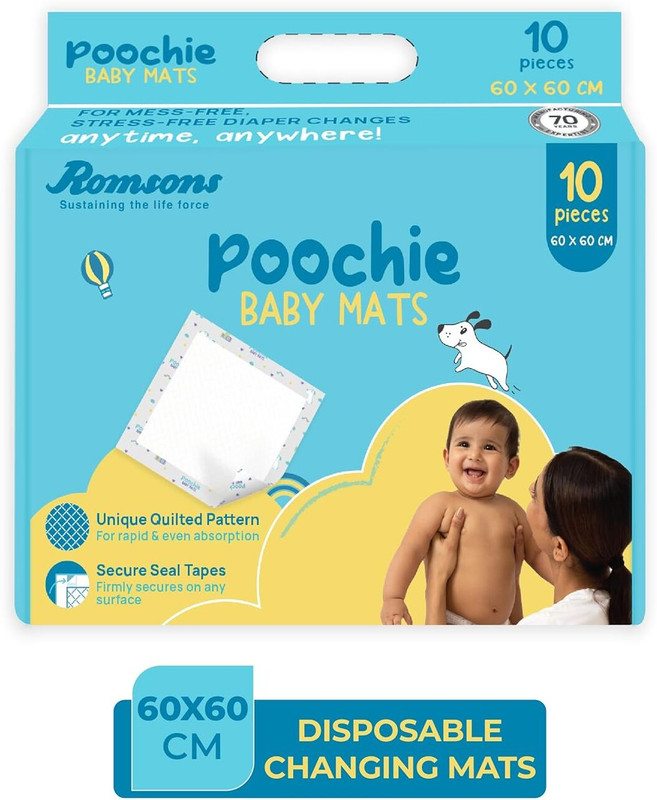 Romsons Poochie Baby Mats, Disposable Baby Changing Mats, (Pack of 1) 10 pieces Changing Station(White)