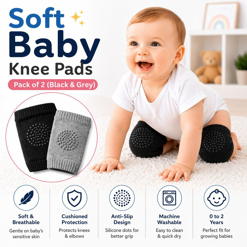 MontageMart Baby Knee Pads Set of 2 (Black & Grey) Black, Grey Baby Knee Pads(Knee Pads (Anti-Slip Grip Dots Pattern))