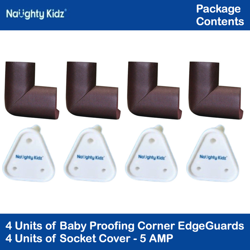 naughty kidz Baby Safety Combo Pack, 4 Electric Socket Cover Guard & 4 Furniture Corner Guard(White Socket Guard and Brown Corner Guard, Baby safety essential)